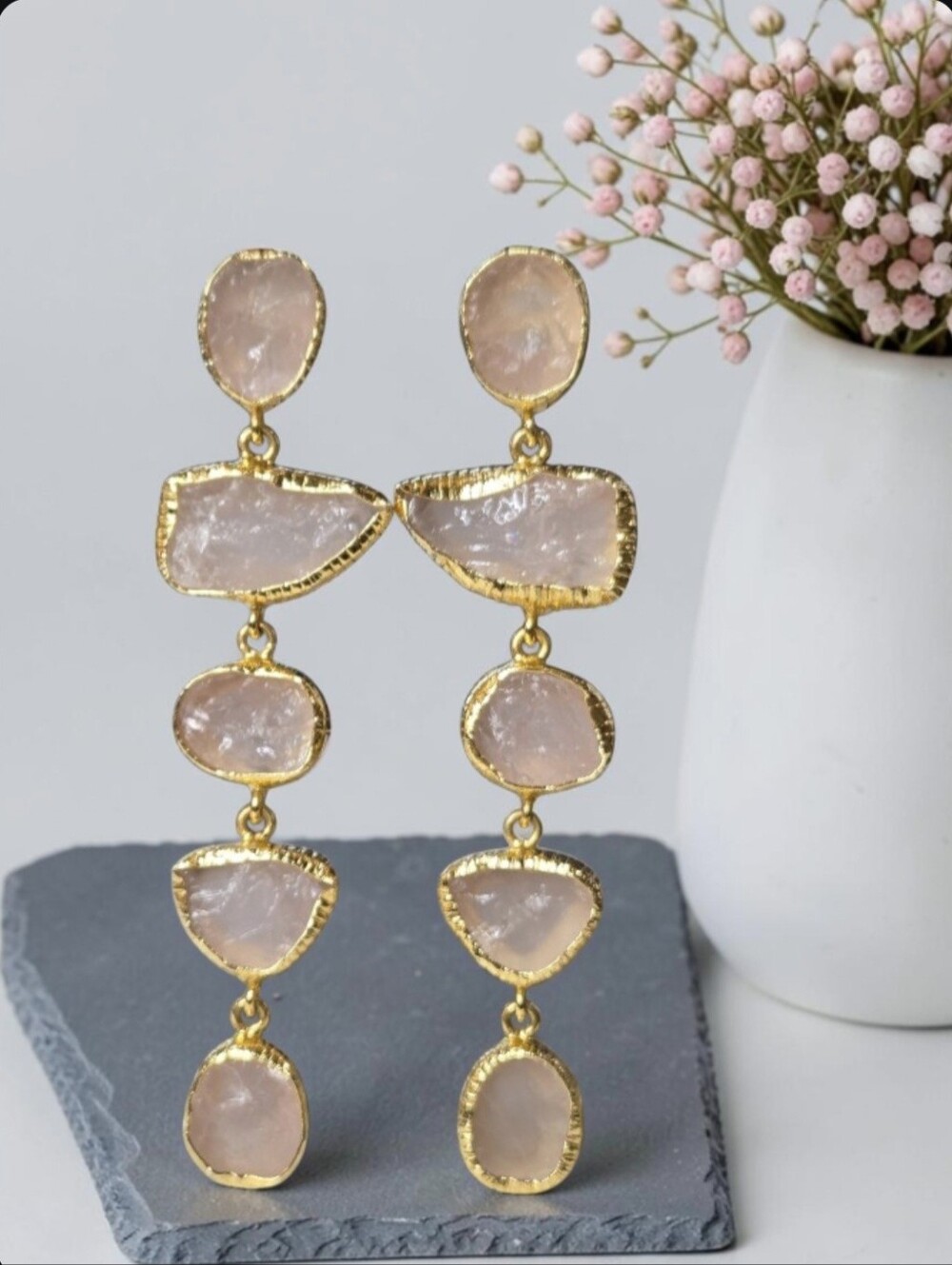 Divine 22k Gold Plated Genuine Raw Natural Rose Quartz Crystal Dangle Earrings